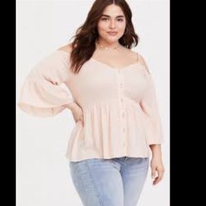 Torrid Blush Pink Cold Shoulder Faux button Down bell sleeve peplum Blouse 2X